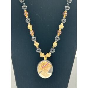 Signed Crown Trifari Portrait Pendant Necklace – Black & Gold Beads, Vintage